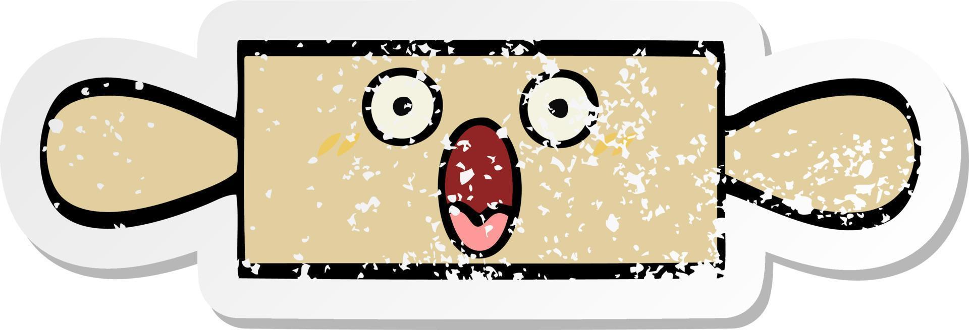 distressed sticker of a cute cartoon rolling pin vector