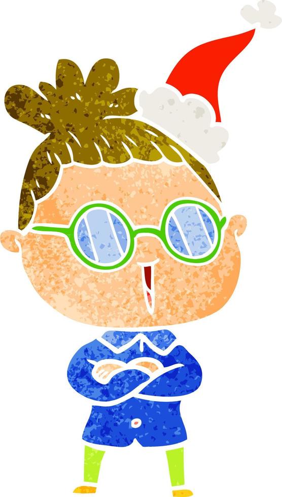 dibujos animados retro de una mujer con gafas con sombrero de santa vector