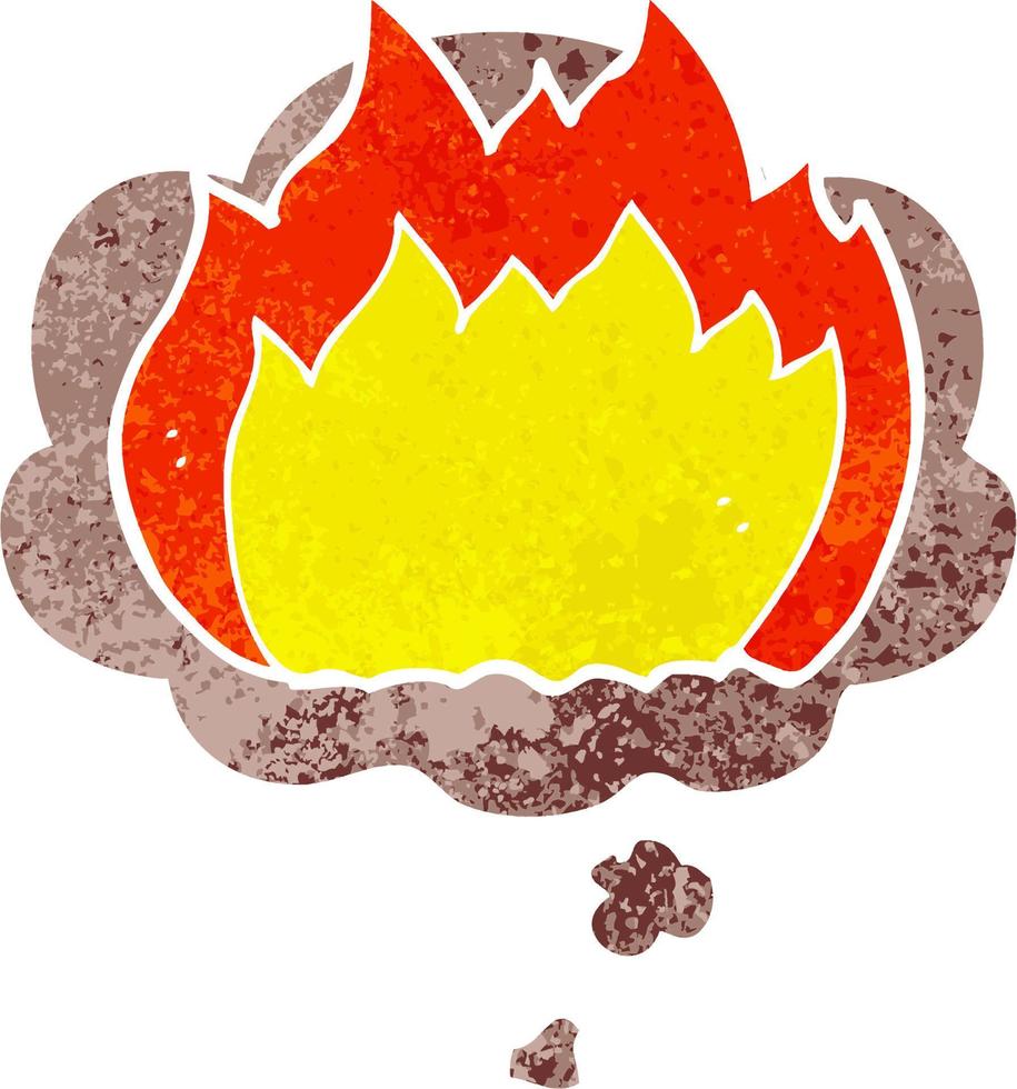 cartoon fire and thought bubble in retro textured style vector
