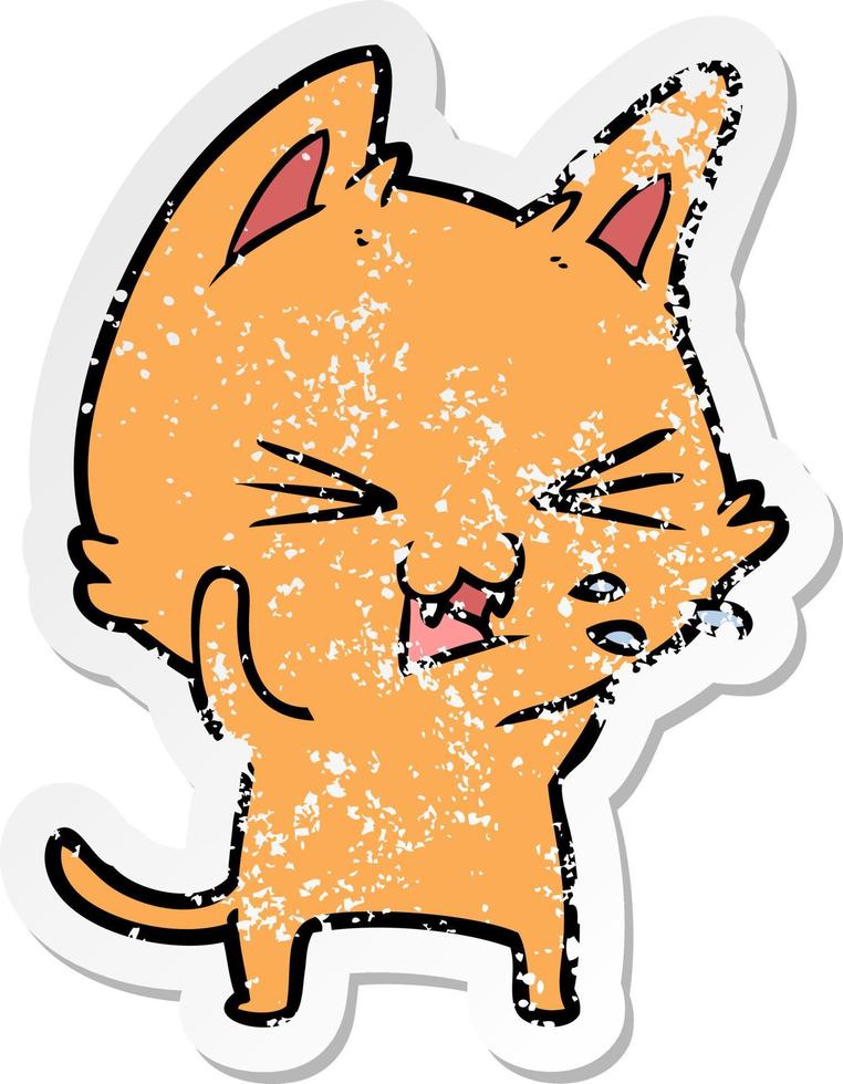 distressed sticker of a cartoon cat hissing vector