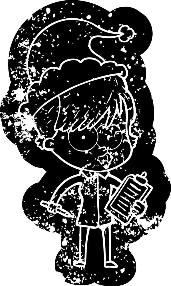cartoon distressed icon of a woman wearing santa hat vector