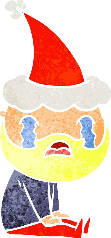 retro cartoon of a bearded man crying wearing santa hat vector