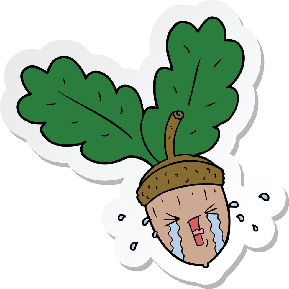 sticker of a cartoon crying acorn vector