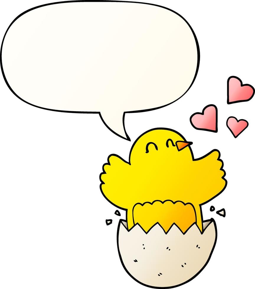 cute hatching chick cartoon and speech bubble in smooth gradient style vector