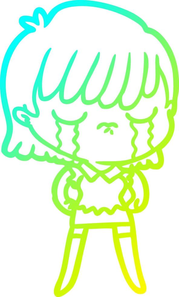 cold gradient line drawing cartoon woman crying vector