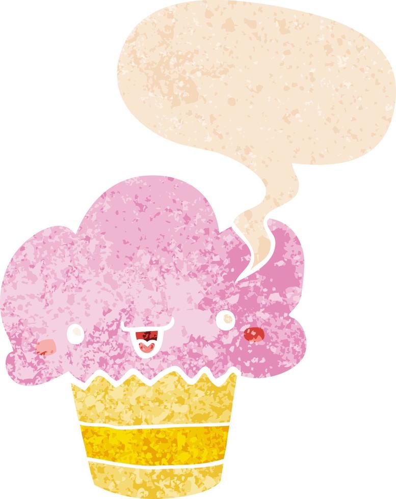 cupcake de dibujos animados con la cara y la burbuja del habla en estilo retro texturizado vector