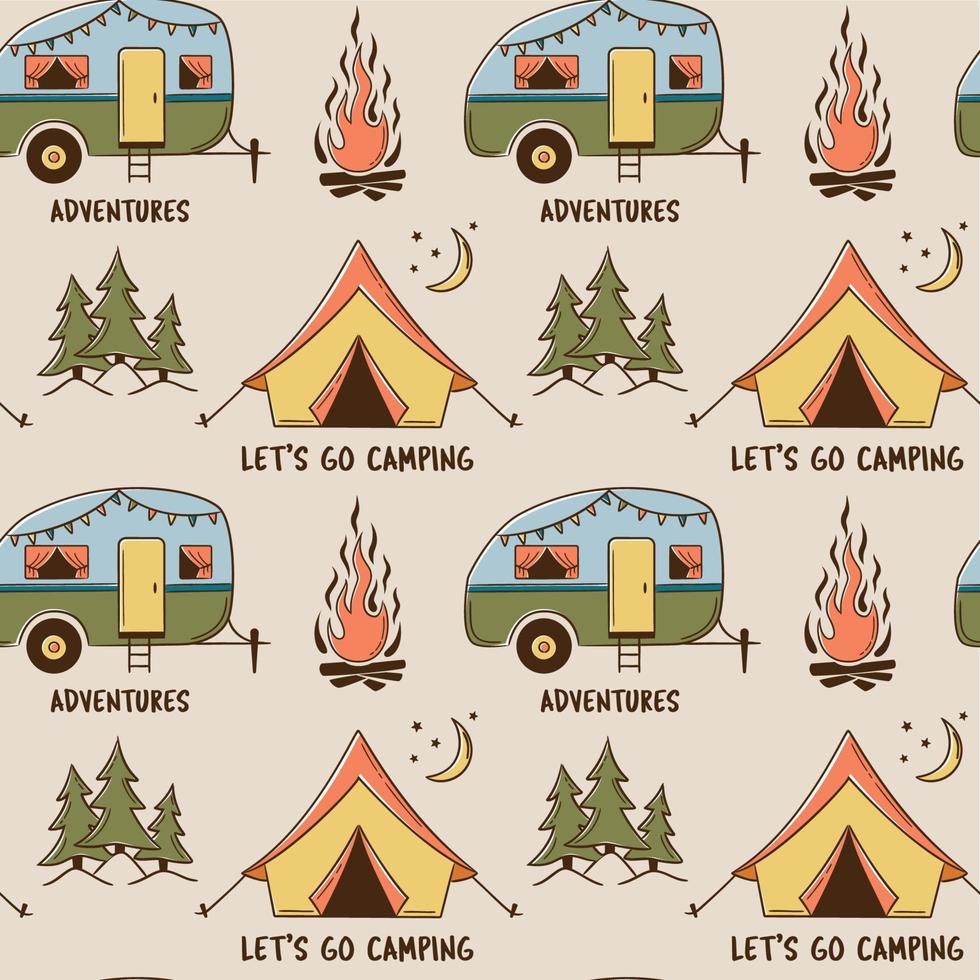 Seamless summer camp pattern with Camper and Camp tent, travel and overnight in the forest vector