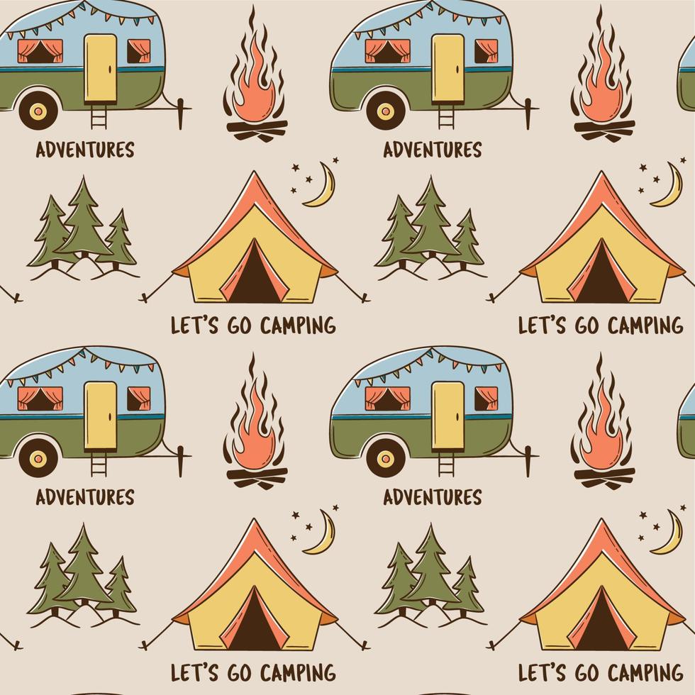 Seamless summer camp pattern with Camper and Camp tent, travel and overnight in the forest vector