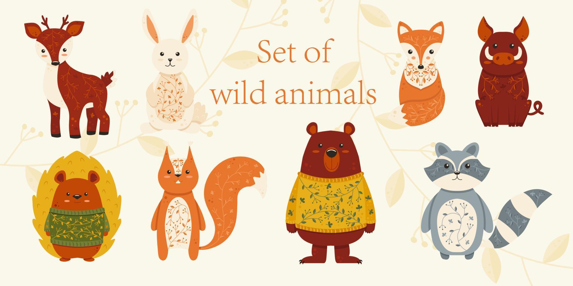 Set of Cute Wild Forest Animals in Autumn Colors vector