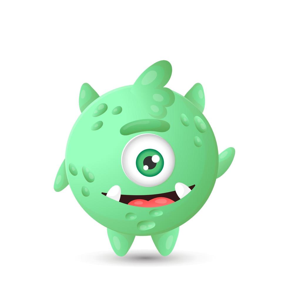 Funny round green cartoon monster with one eye waving paw for children's Halloween decorations vector