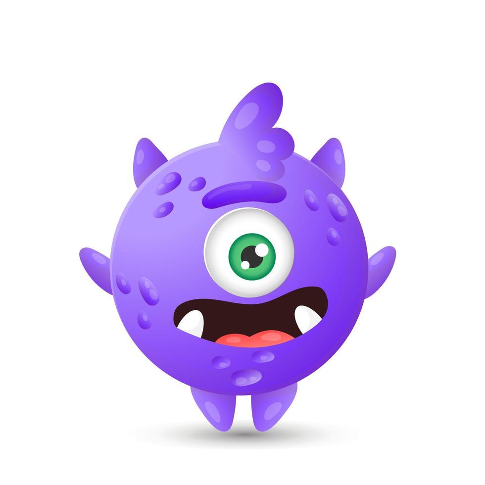 Funny round purple cartoon monster with one eye jumping for joy for children's Halloween decorations vector