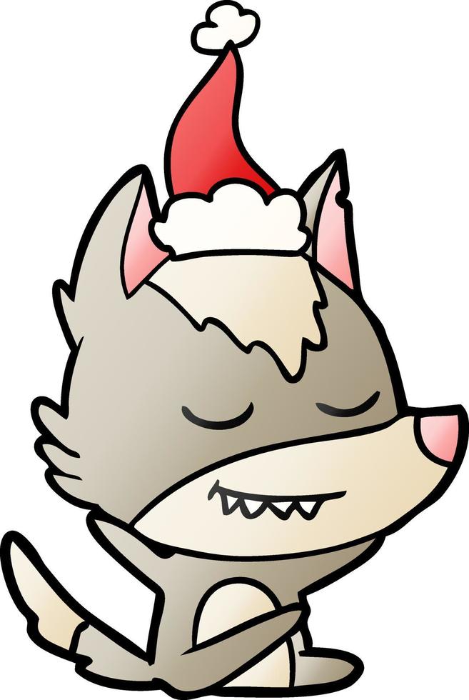 friendly gradient cartoon of a wolf sitting wearing santa hat vector
