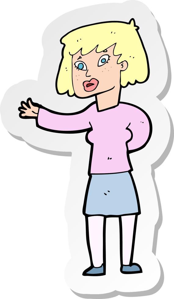 sticker of a cartoon woman explaining vector