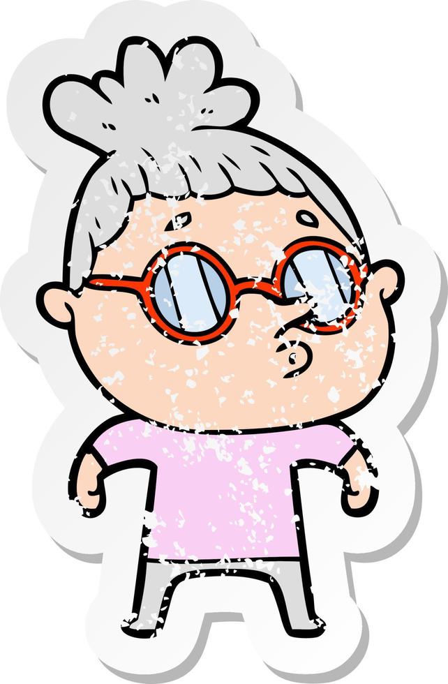 distressed sticker of a cartoon woman wearing glasses vector