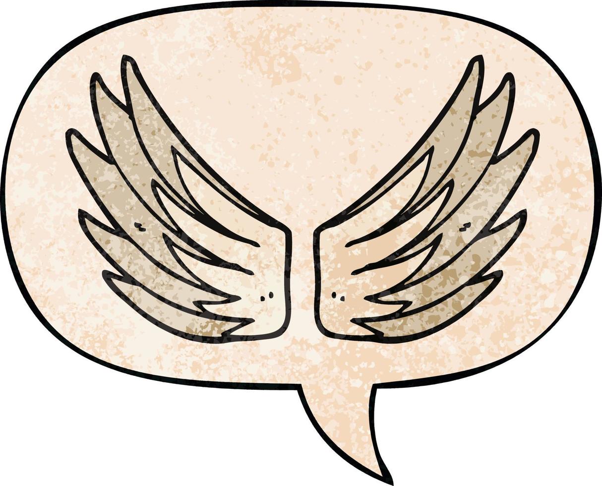 cartoon wings symbol and speech bubble in retro texture style vector