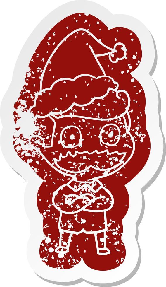 cartoon distressed sticker of a man with mustache shocked wearing santa hat vector