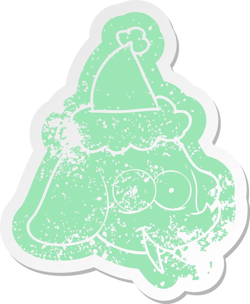 cartoon distressed sticker of a elephant face wearing santa hat vector
