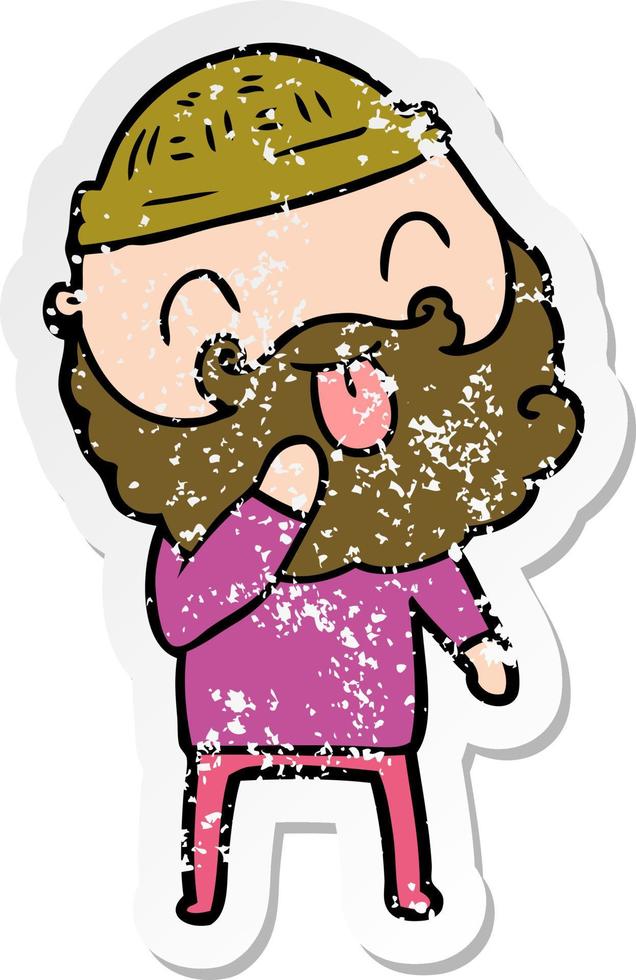 distressed sticker of a man with beard sticking out tongue vector