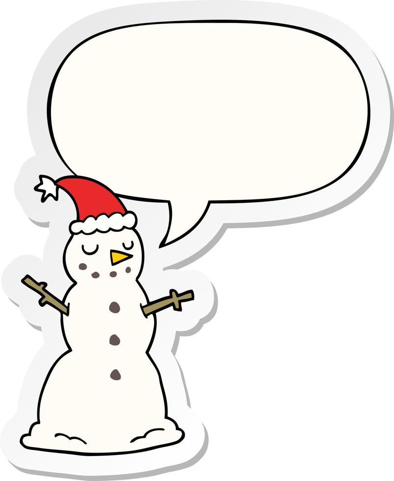 cartoon christmas snowman and speech bubble sticker vector