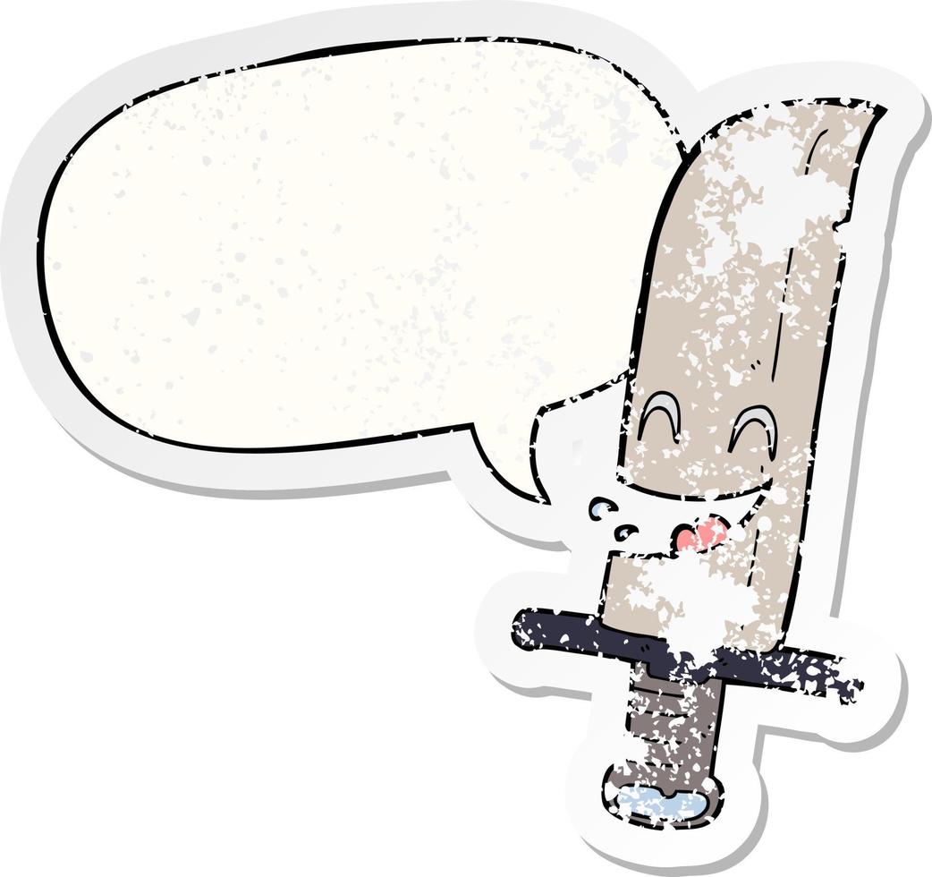 cartoon laughing knife and speech bubble distressed sticker vector