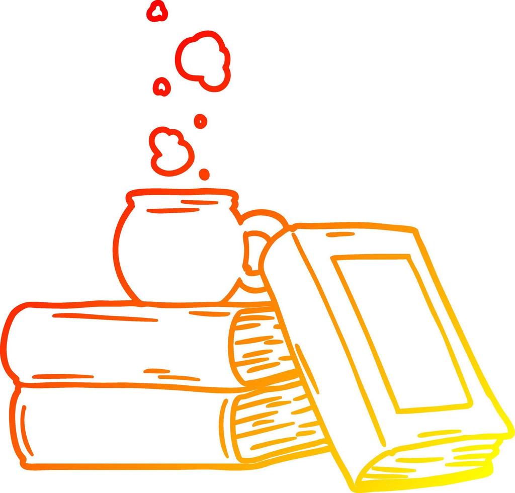 warm gradient line drawing cartoon coffee cup and study books vector