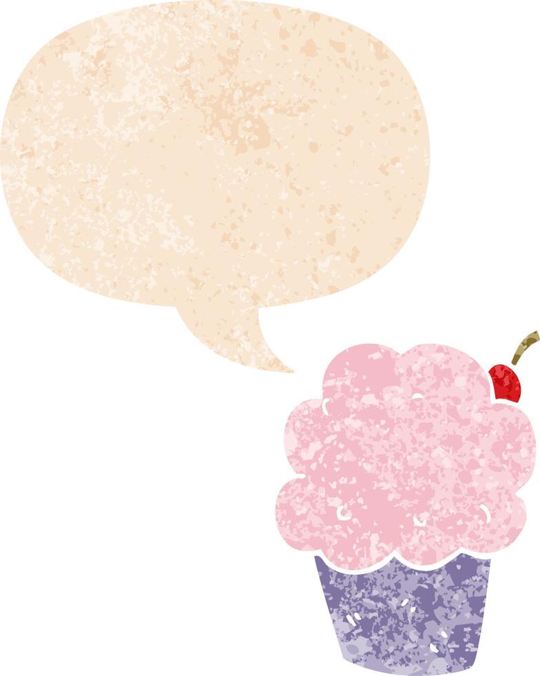 cartoon cupcake and speech bubble in retro textured style vector