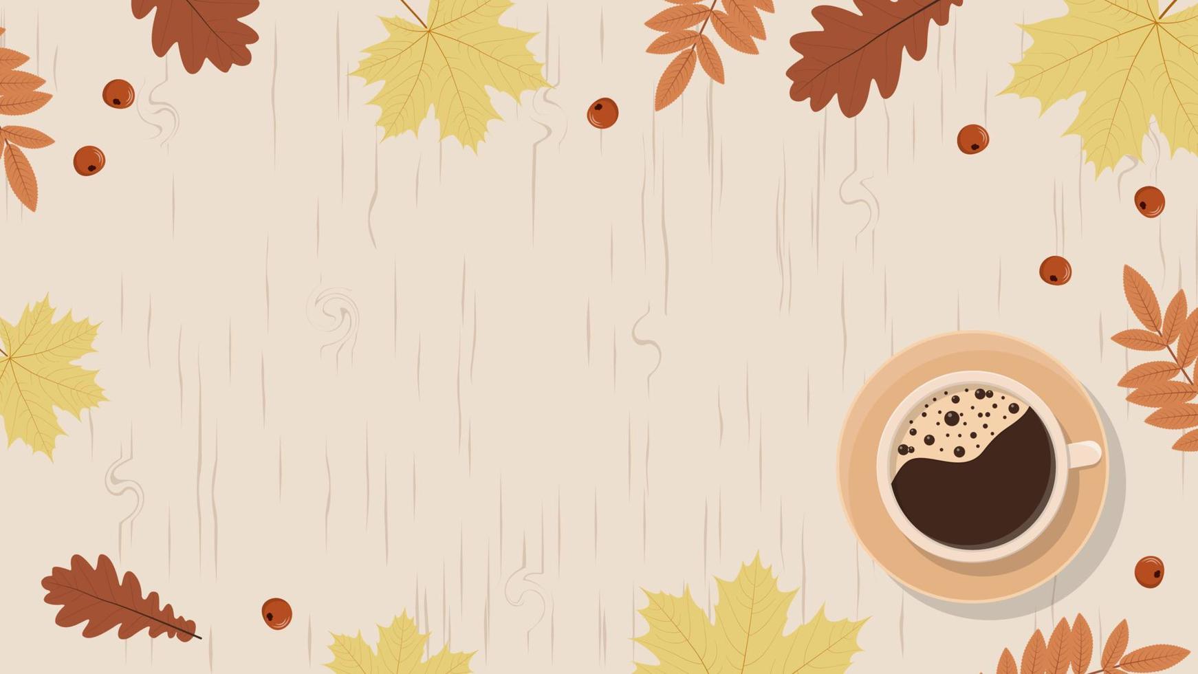 Autumn background with coffee mug, leaves and wooden surface vector