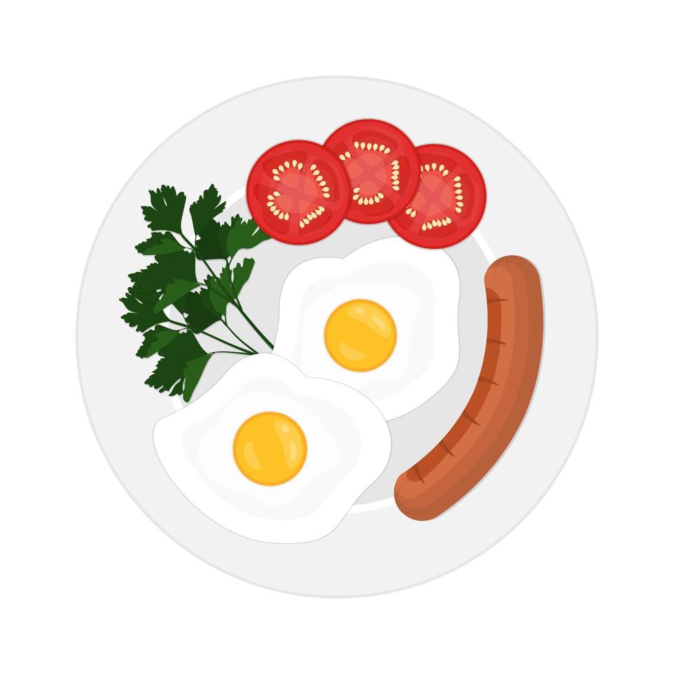 desayuno en una ilustración de plato. huevos revueltos, salchichas, tomates y perejil. vector