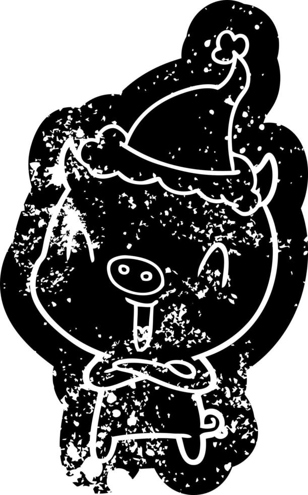 happy cartoon distressed icon of a pig wearing santa hat vector