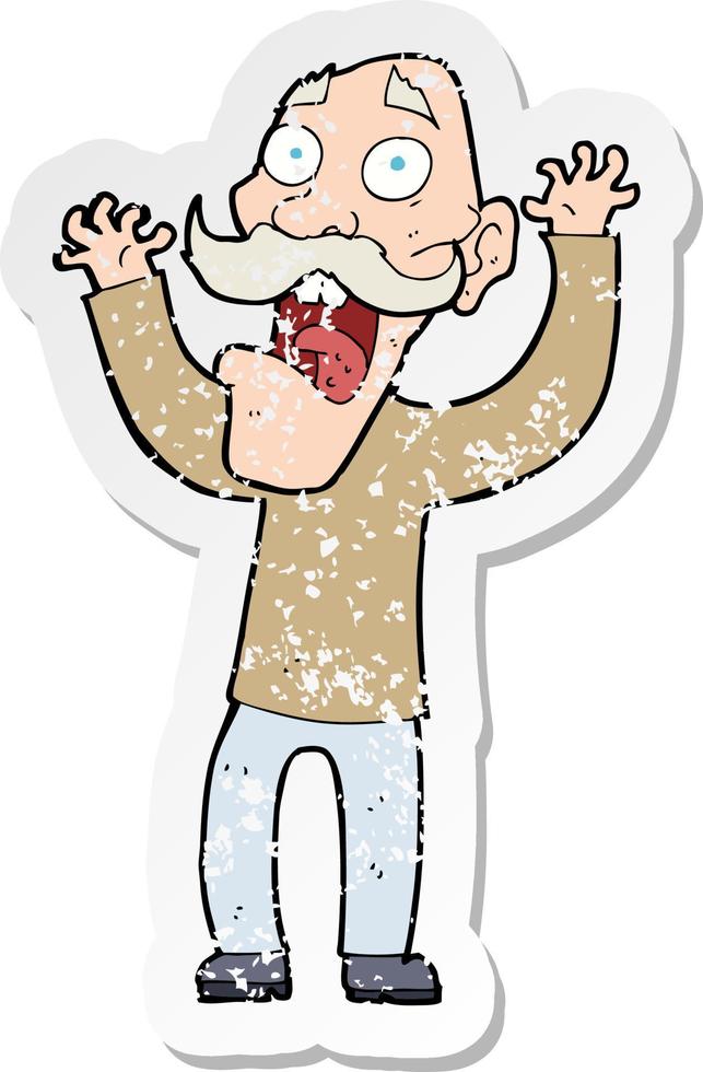 retro distressed sticker of a cartoon old man getting a fright vector