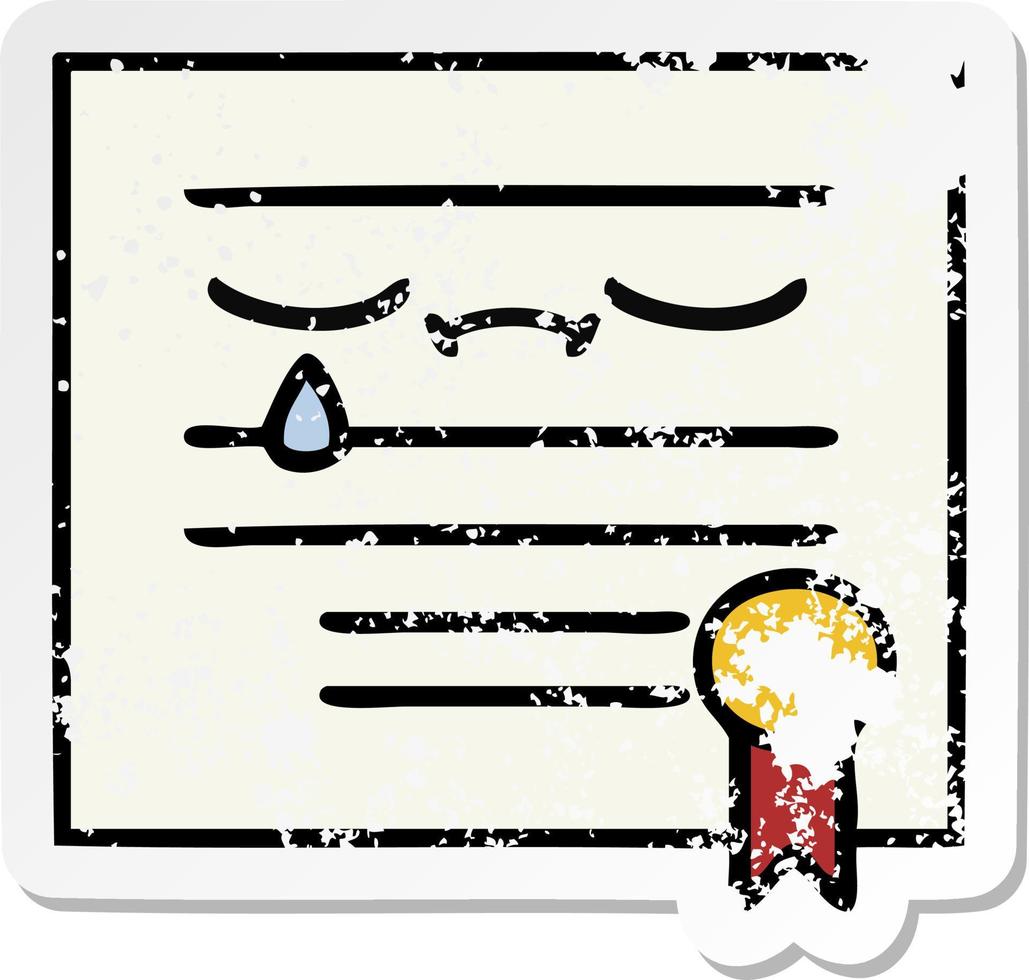 distressed sticker of a cute cartoon graduation diploma vector