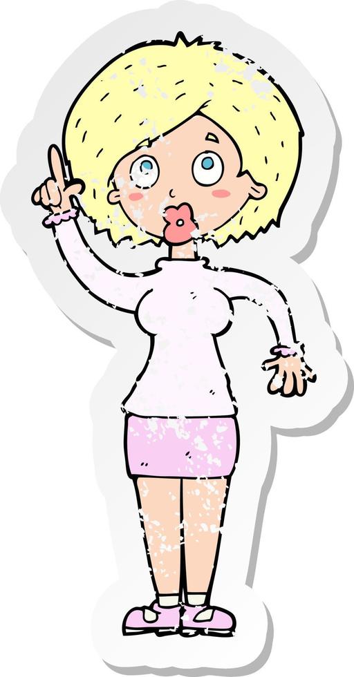 retro distressed sticker of a cartoon woman with idea vector