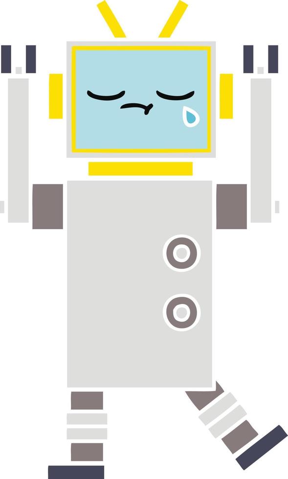 flat color retro cartoon crying robot vector