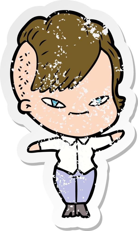 distressed sticker of a cute cartoon girl with hipster haircut vector