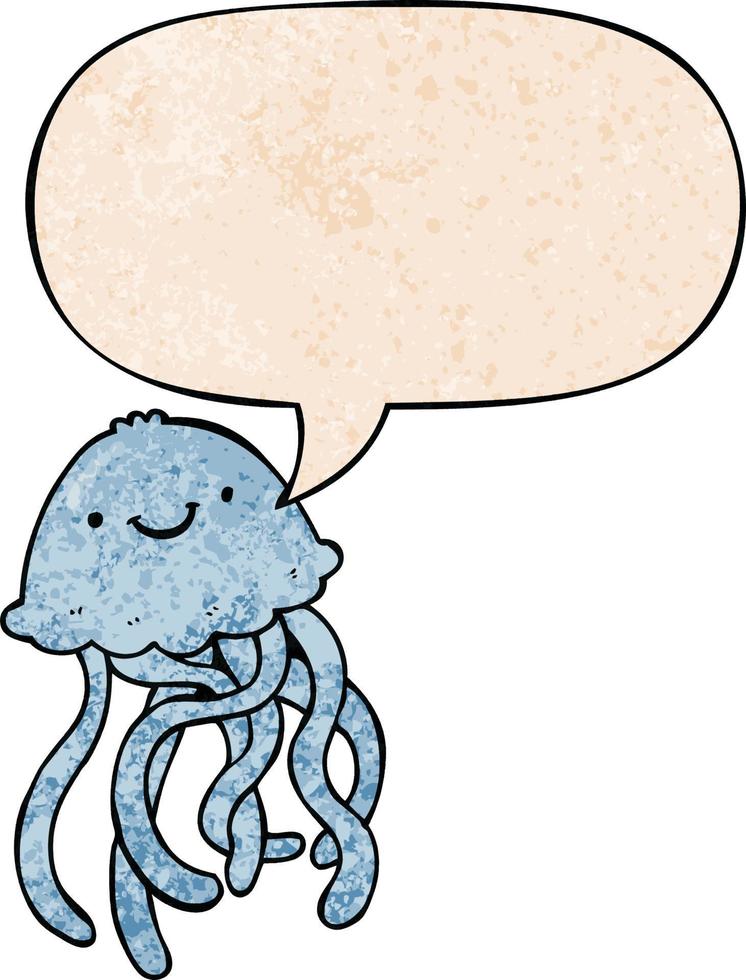 cartoon happy jellyfish and speech bubble in retro texture style vector