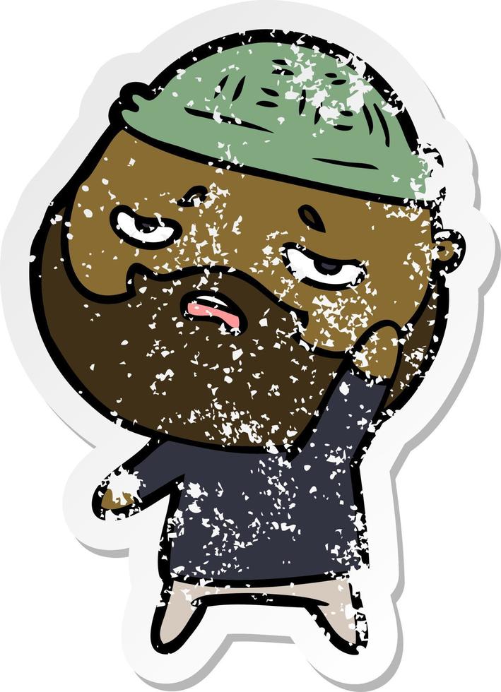 distressed sticker of a cartoon worried man with beard vector