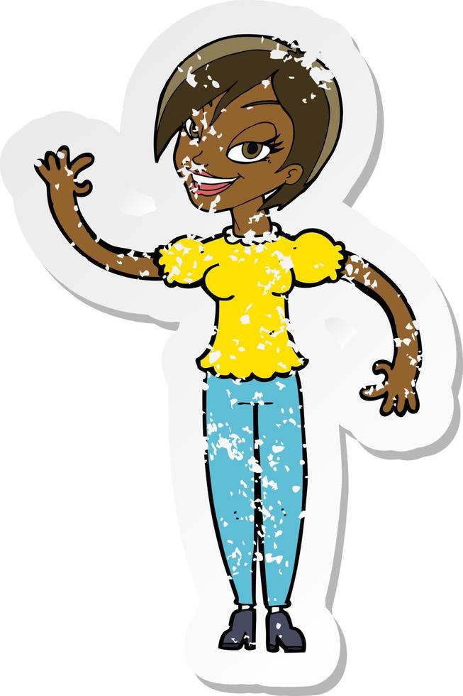 retro distressed sticker of a cartoon woman waving vector