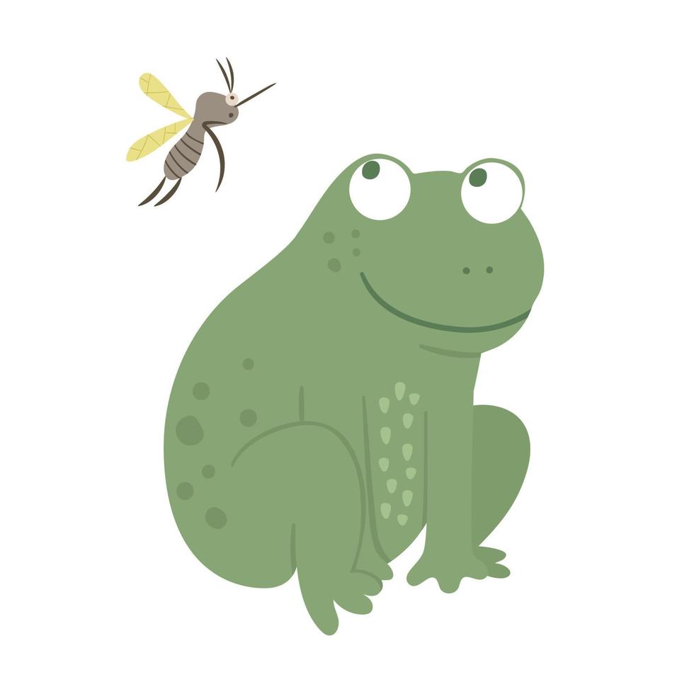 Rana divertida plana de estilo de dibujos animados de vector con mosquito aislado sobre fondo blanco. linda ilustración de un animal de pantano del bosque. icono de anfibio sentado