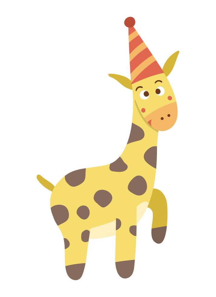 Vector cute giraffe in birthday hat. Funny b-day animal for card, poster, print design. Bright holiday illustration for kids. Cheerful celebration character icon isolated on white background.