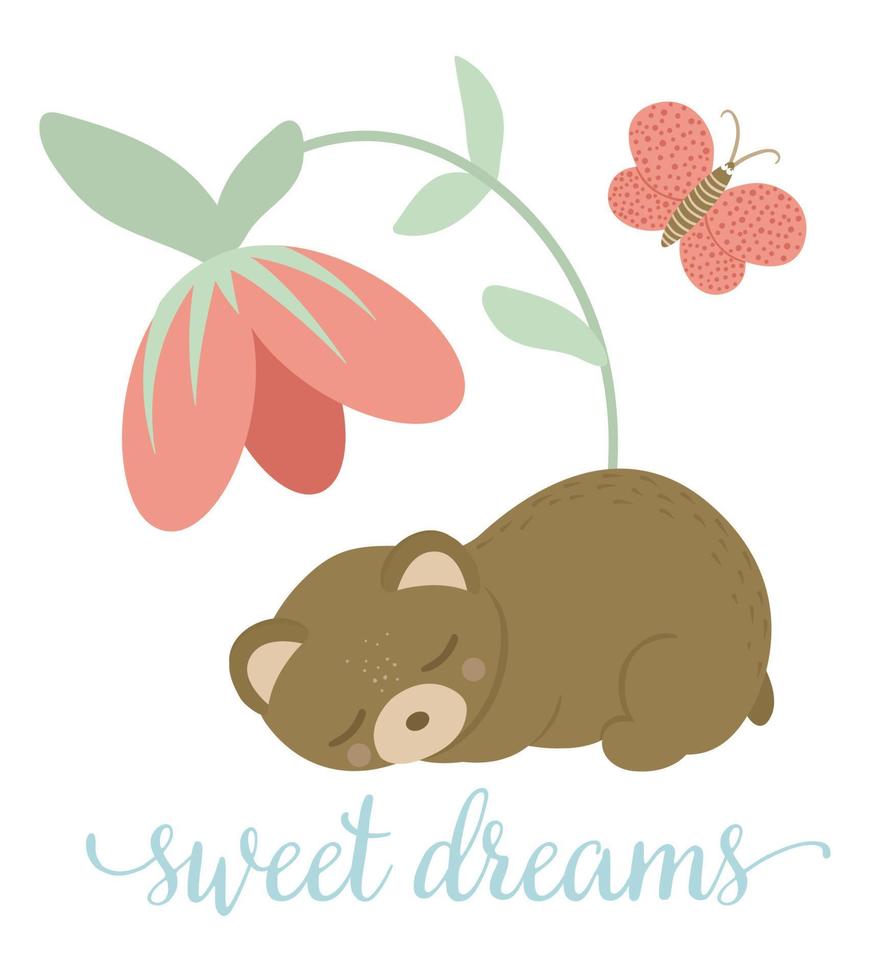 Vector cartoon style hand drawn flat bear sleeping under the flower with butterfly. Funny scene with a Teddy. Cute illustration of woodland animal for print, stationery