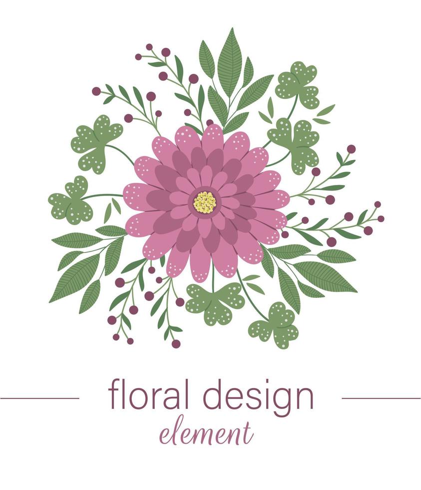 Vector floral round decorative element. Flat trendy illustration with flowers, leaves, branches. Meadow, woodland, forest clip art. Beautiful spring or summer garden bouquet