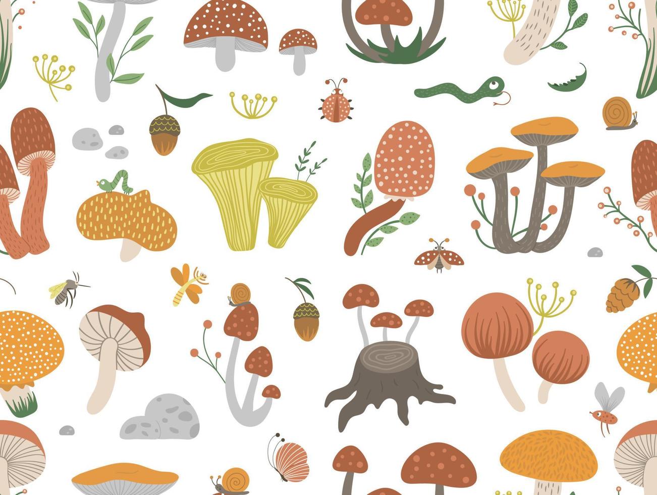 Vector seamless pattern of flat funny mushrooms with berries, leaves and insects. Autumn repeat background for children design. Cute fungi texture with acorns and cones