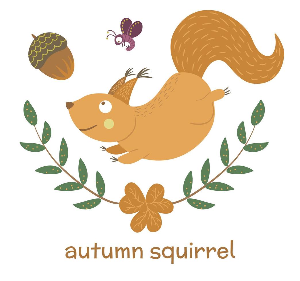 Vector hand drawn flat squirrel running for acorn. Funny autumn scene with woodland animal, insect, leaves. Cute forest animalistic illustration for print, stationery