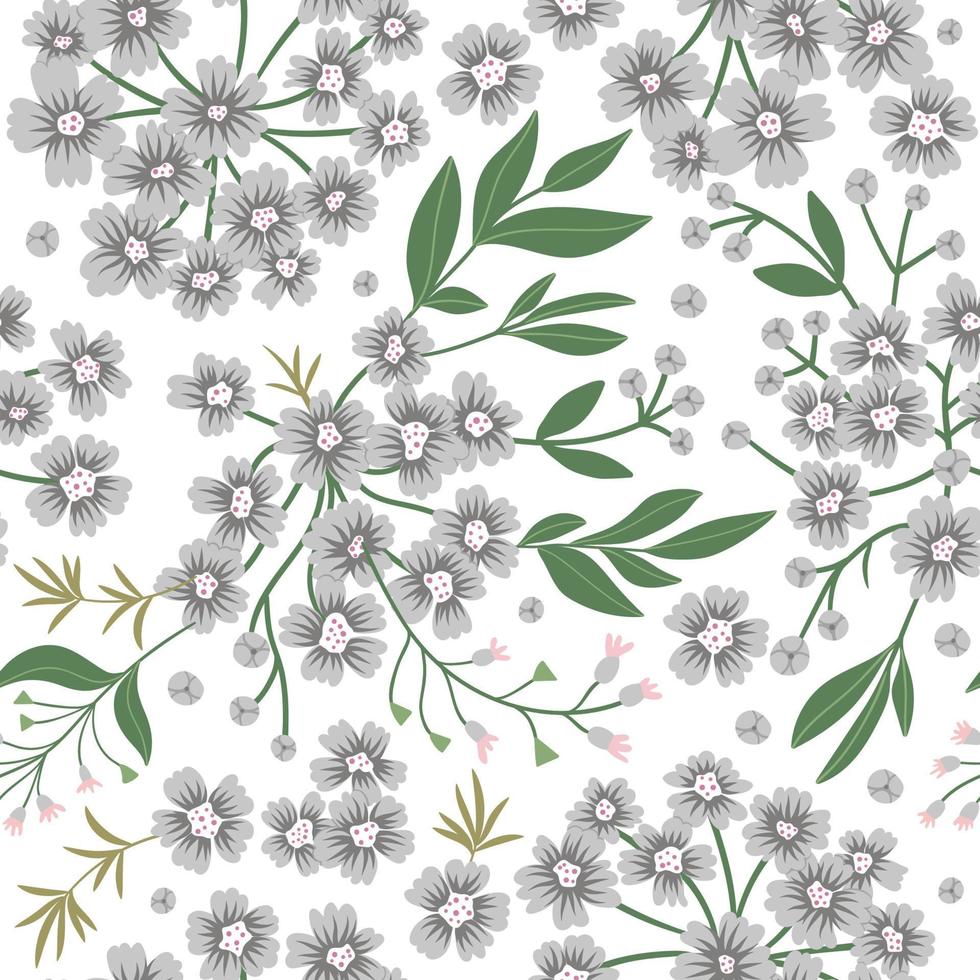 Vector floral seamless background with small white flowers. Flat trendy illustration with wormwood, leaves, branches. Repeating pattern with woodland forest plants.