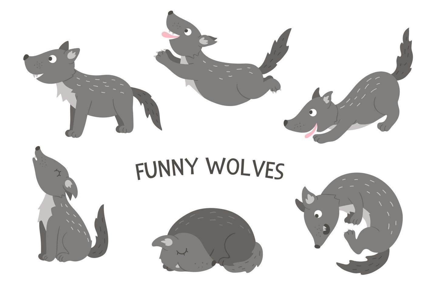 Vector set of cartoon style hand drawn flat funny wolves in different poses. Cute illustration of woodland animals