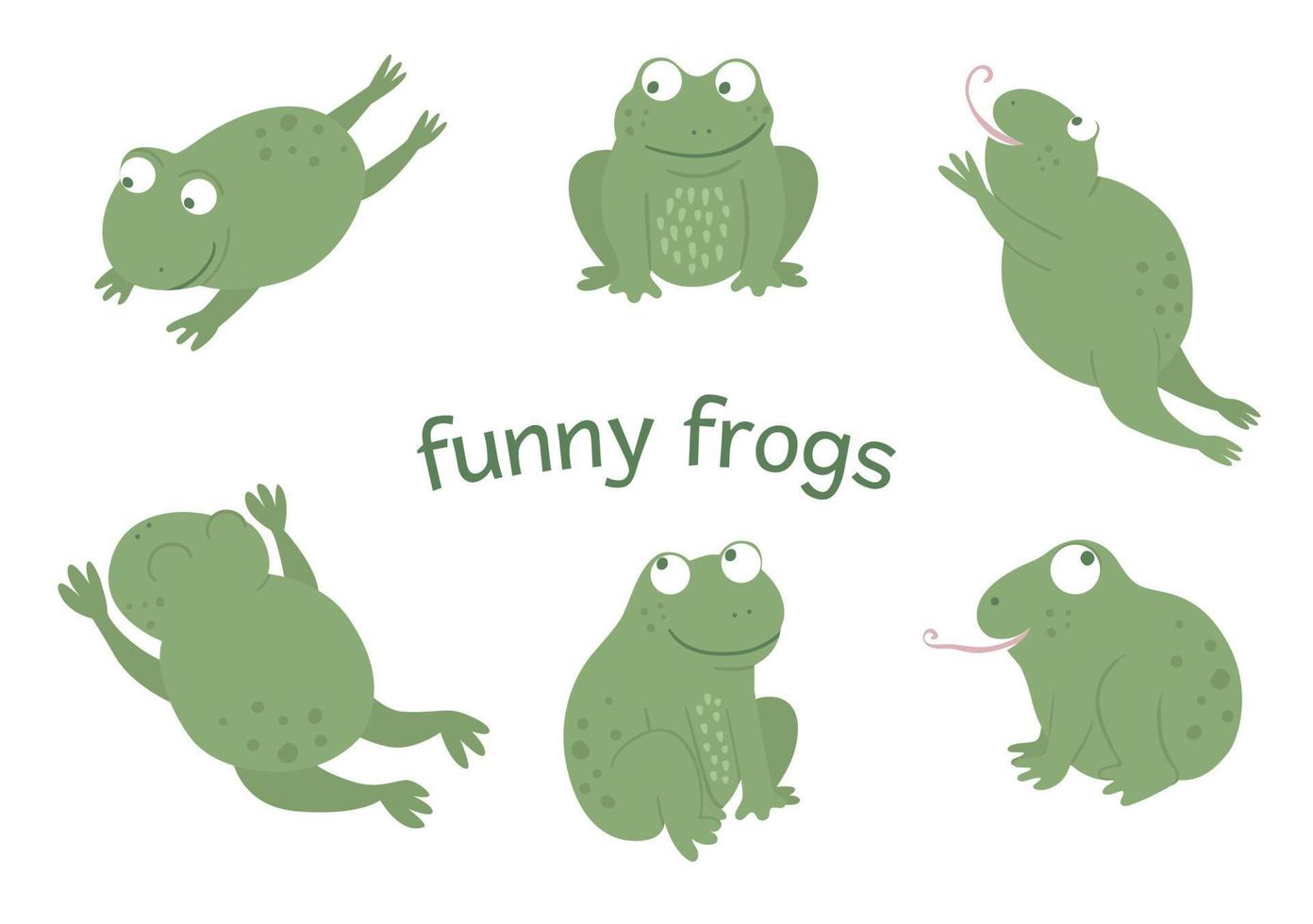 conjunto de vectores de ranas divertidas planas de estilo de dibujos animados en diferentes poses. linda ilustración de animales de pantano del bosque. colección de anfibios