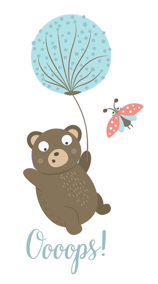 Vector cartoon style hand drawn flat bear flying on dandelion with ladybug. Funny scene with falling down Teddy. Cute illustration of woodland animal for print, stationery