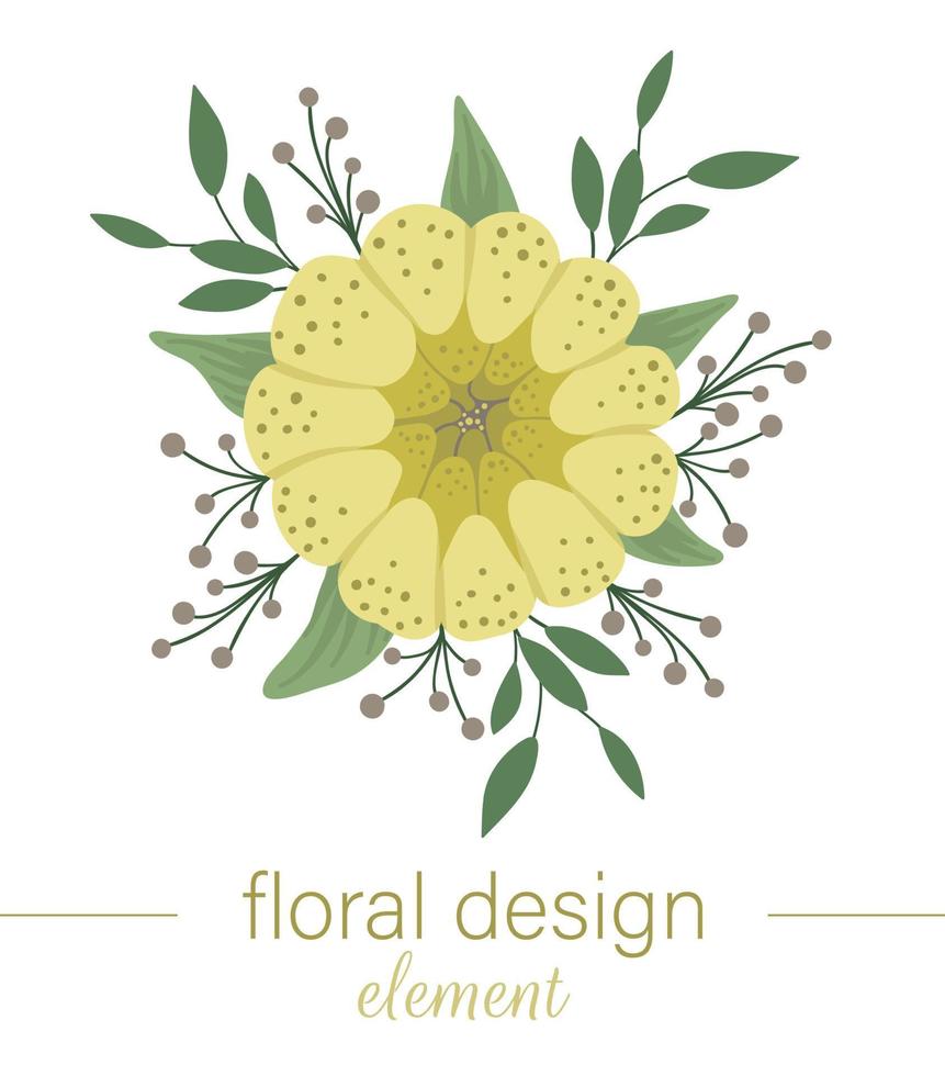 Vector floral round decorative element. Hand drawn flat trendy illustration with flowers, leaves, branches. Meadow, woodland, forest clip art. Beautiful spring or summer garden bouquet