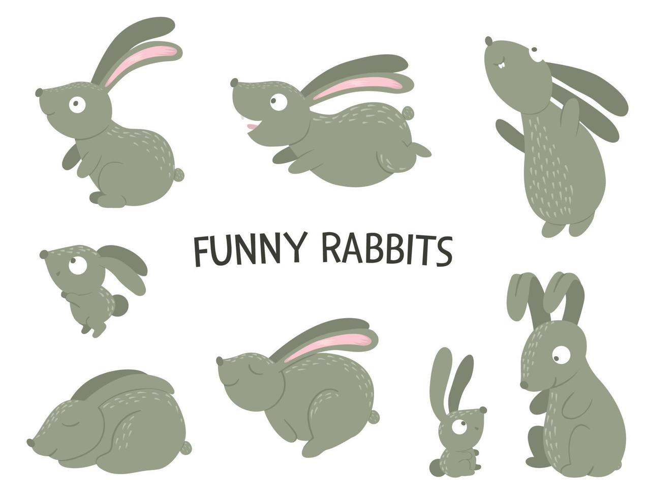conjunto vectorial de conejos divertidos planos de estilo de dibujos animados en diferentes poses. linda ilustración de animales del bosque. colección de liebres vector