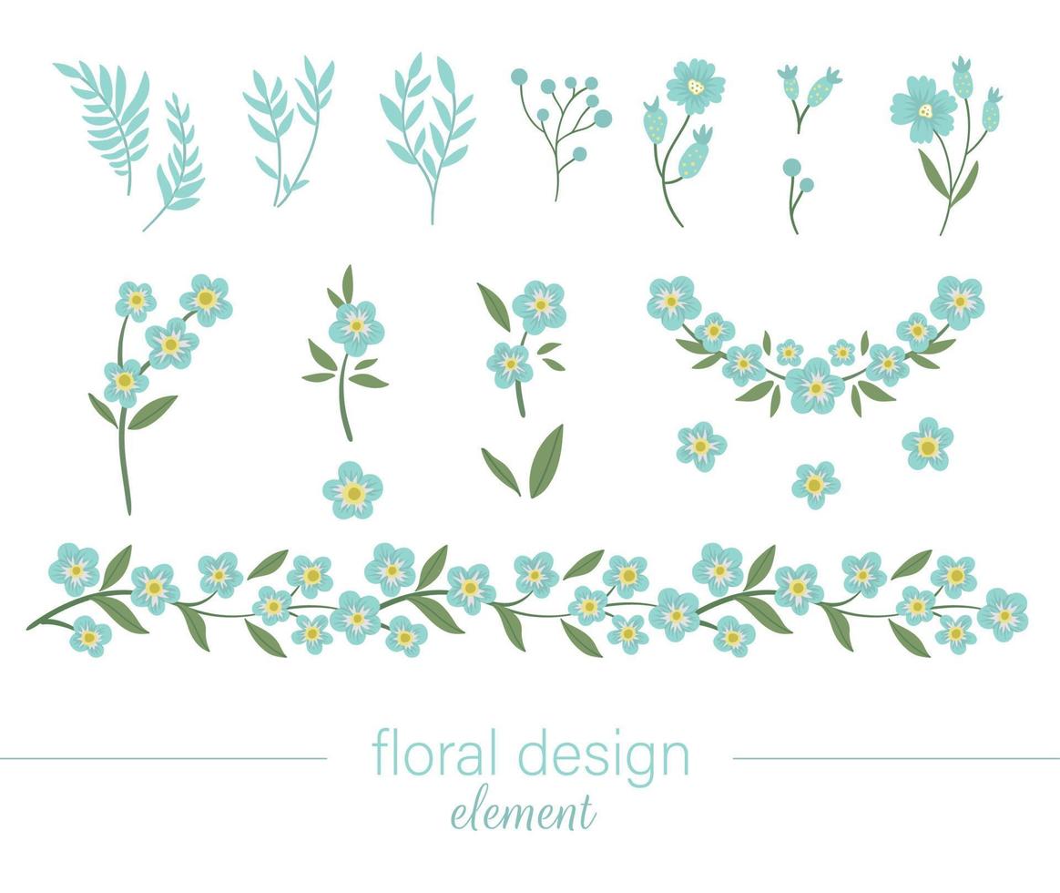 vector conjunto de imágenes prediseñadas florales azules. ilustración plana de moda con flores, hojas, ramas. prado, bosque, elementos de jardín forestal aislados en fondo blanco. nomeolvides dibujado a mano